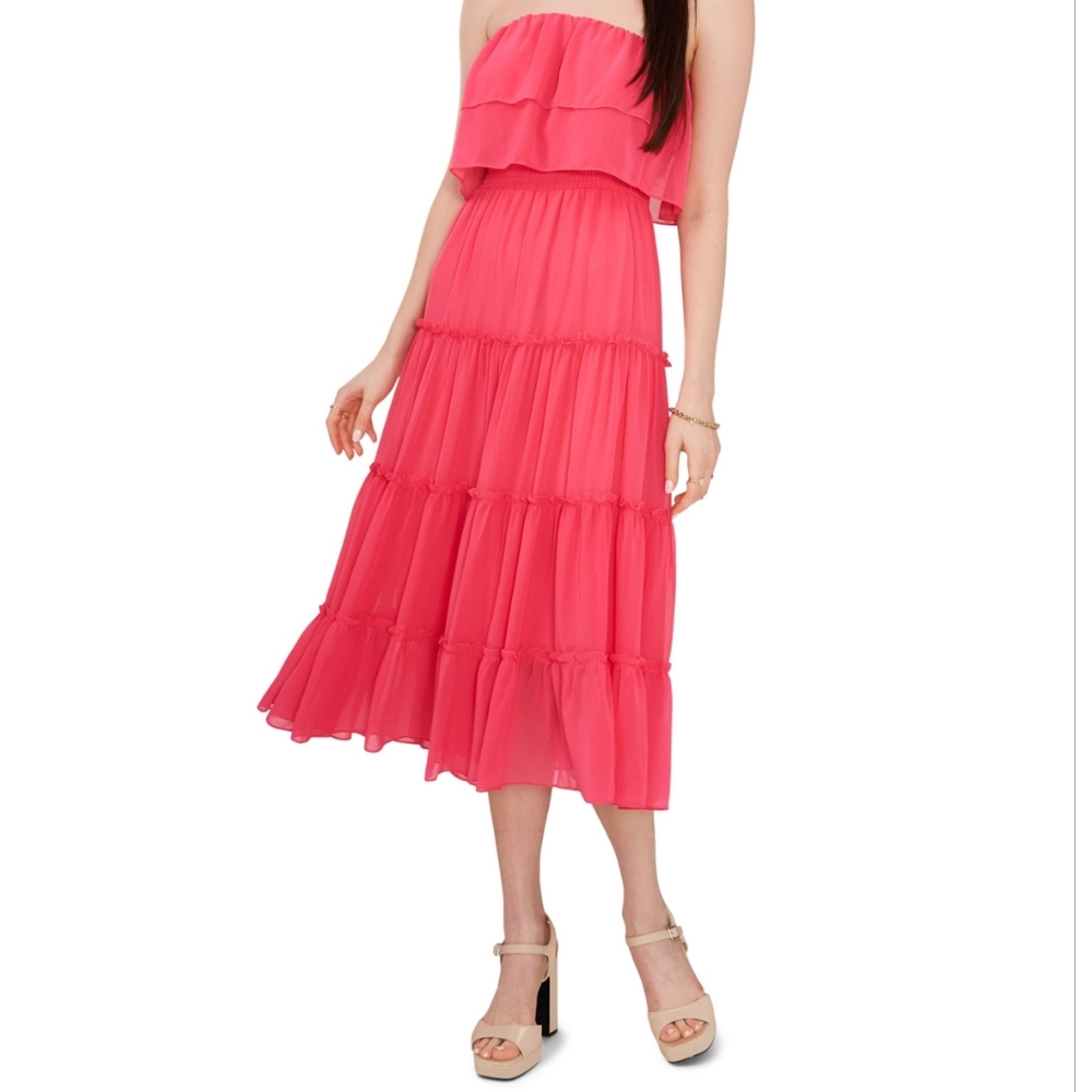 1.STATE Womens Strapless Ruffled tier maxi dress .  Juneberry/ pink M